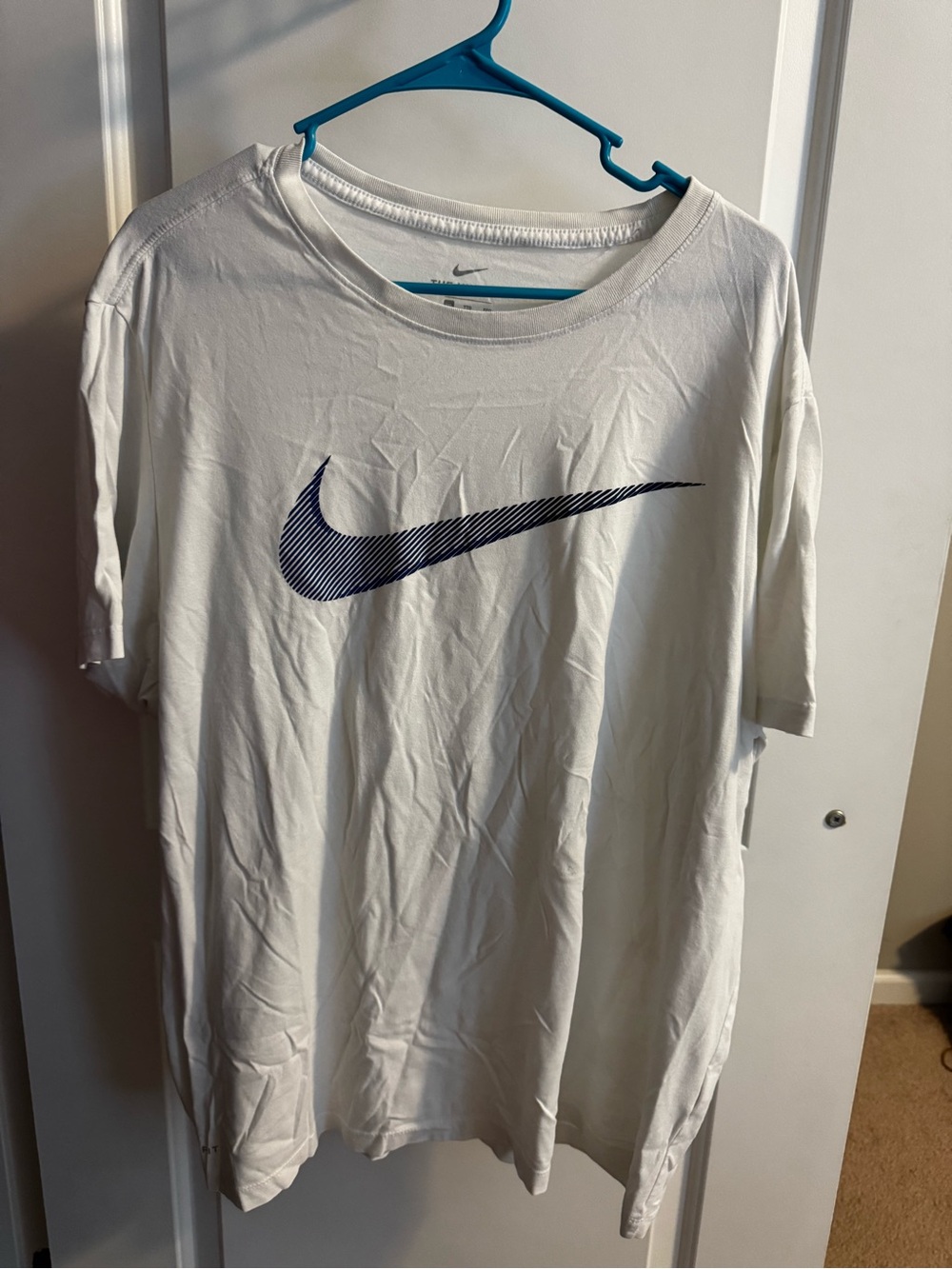 Nike White Short-Sleeve Tee with Navy Striped Swoosh